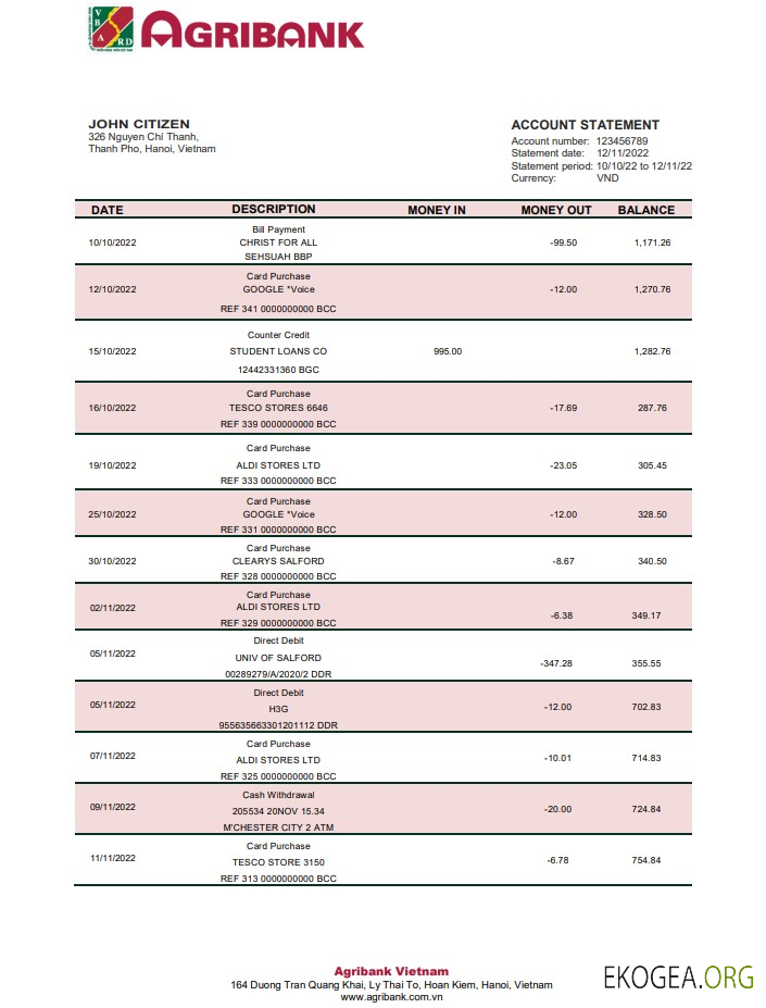 Relevé de la banque Vietnam Agribank